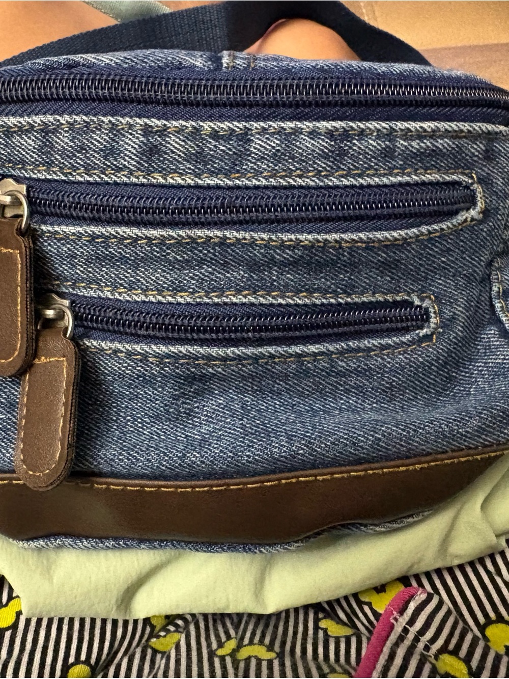 Joe Boxer Blue Denim Mini Crossbody with Brown Trim